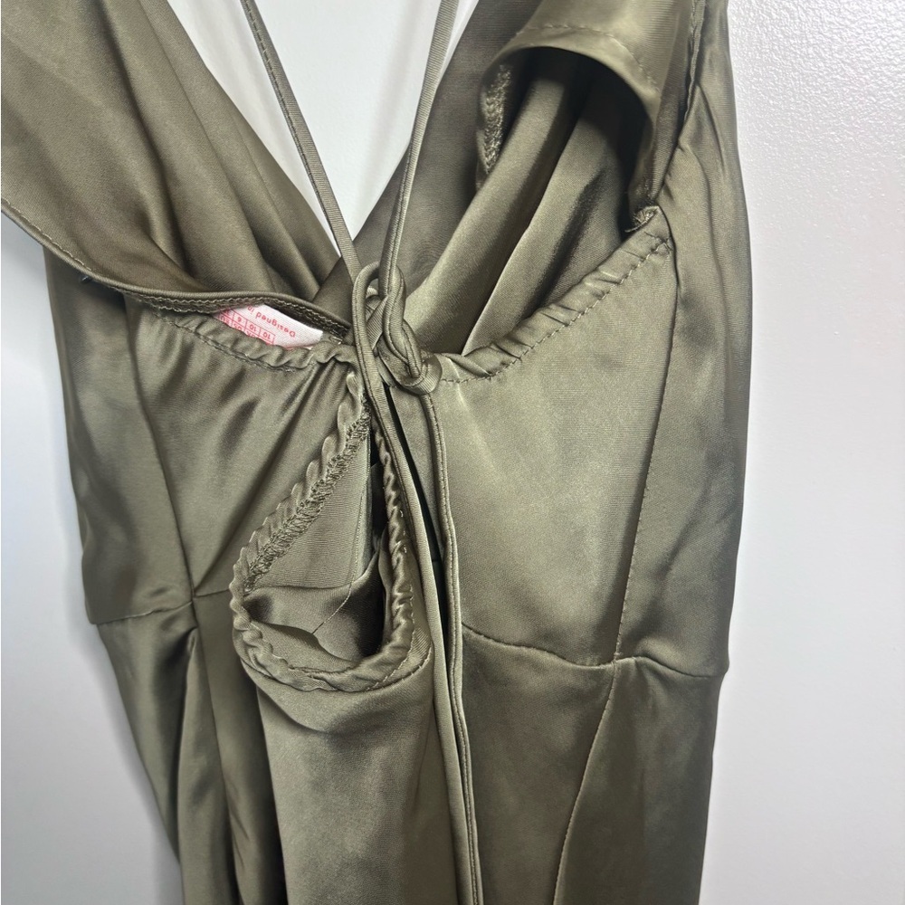 SHOWPO Nylah Cowl Neck Double Strap Asymmetrical Dark Olive Satin Dress - Picture 6 of 6